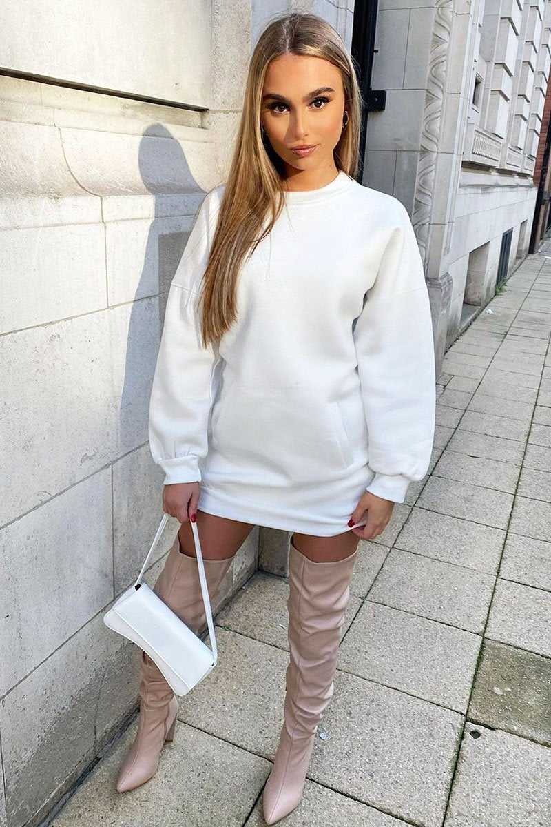 White Front Pocket Sweatshirt Mini Dress - Niamh-Dresses