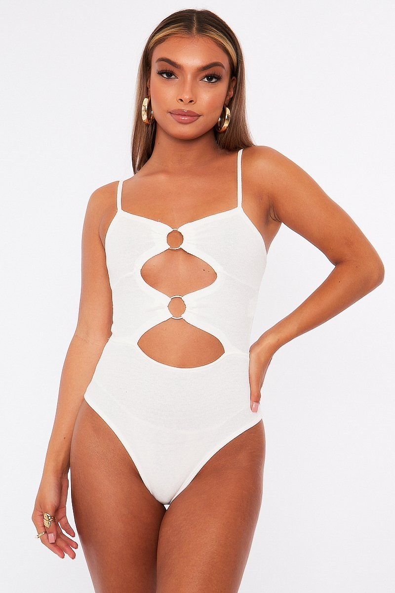 White Front Ring Cut Out Ribbed Bodysuit - Ruba-Bodysuits