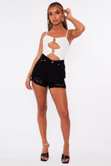 White Front Ring Cut Out Ribbed Bodysuit - Ruba-Bodysuits