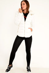 White Fur Lined Ring Pull Puffer Coat - Riko-Coats