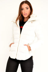 White Fur Lined Ring Pull Puffer Coat - Riko-Coats