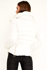 White Fur Lined Ring Pull Puffer Coat - Riko-Coats