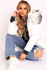 White Fur Trim Adjustable Waist Puffer Coat - Rossie-Coats