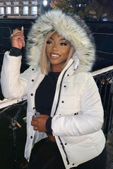 White Fur Trim Adjustable Waist Puffer Coat - Rossie-Coats