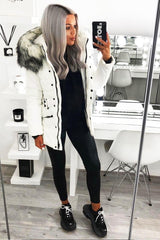 White Fur Trim Adjustable Waist Puffer Coat - Rossie-Coats