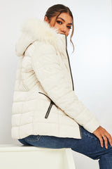 White Fur Trim Hood Puffer Coat - Reva-Coats