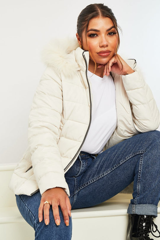 White Fur Trim Hood Puffer Coat - Reva