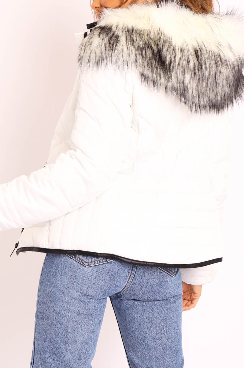 White Fur Trim Quilted Puffer Coat - Lania-Coats