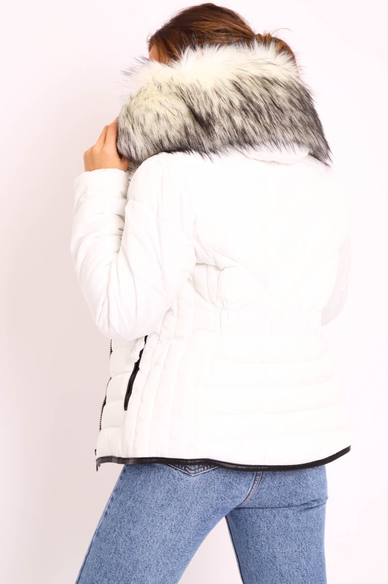 White Fur Trim Quilted Puffer Coat - Lania-Coats