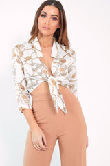 White Gold Chain Print Tie Front Blouse - Melika-Tops
