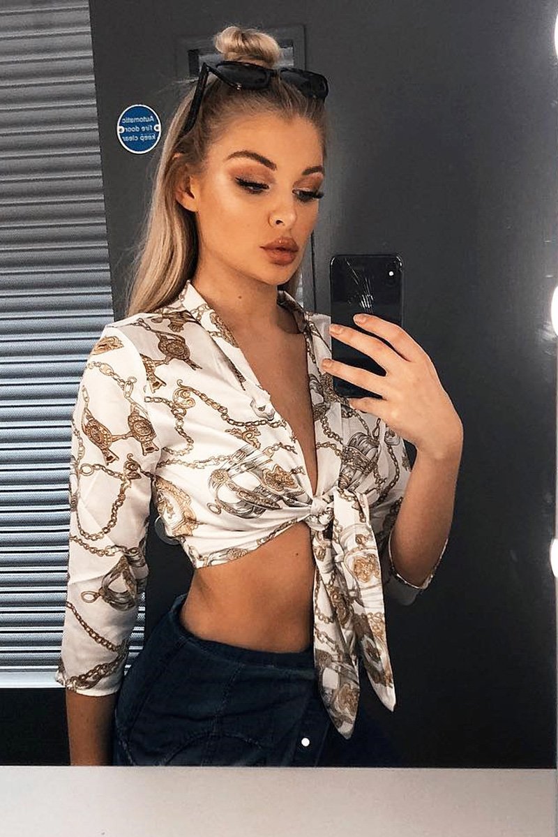 White Gold Chain Print Tie Front Blouse - Melika-Tops