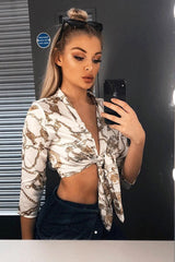 White Gold Chain Print Tie Front Blouse - Melika-Tops