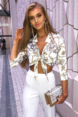 White Gold Chain Print Tie Front Blouse - Melika-Tops