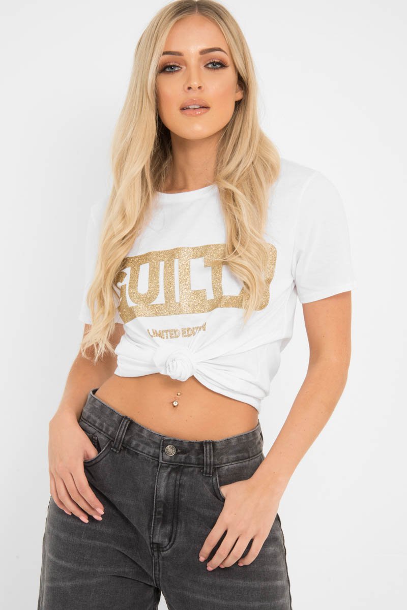 White Gold Glitter Guilty Slogan T-Shirt - Javonna-T-shirt