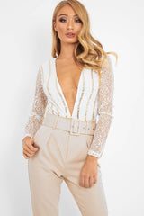 White Gold Sequin Plunge Bodysuit - Dreah-Bodysuits