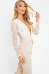 White Gold Sequin Plunge Bodysuit - Dreah-Bodysuits