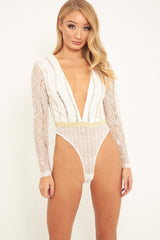 White Gold Sequin Plunge Bodysuit - Dreah-Bodysuits