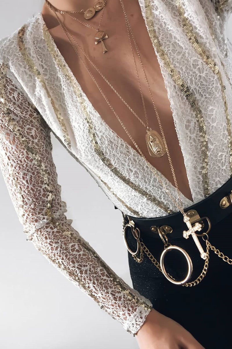 White Gold Sequin Plunge Bodysuit - Dreah-Bodysuits