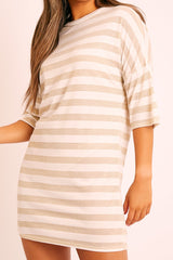 White Gold Striped T-shirt Dress - Hanaa-T-shirt
