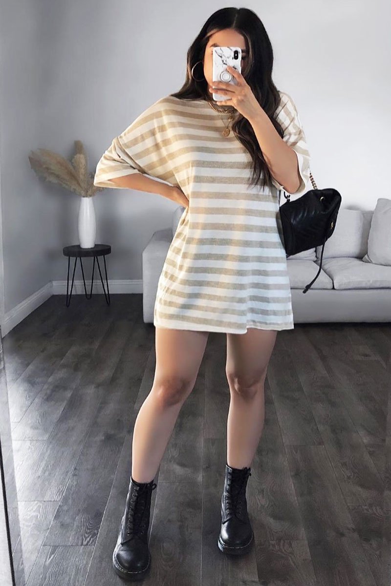 White Gold Striped T-shirt Dress - Hanaa-T-shirt