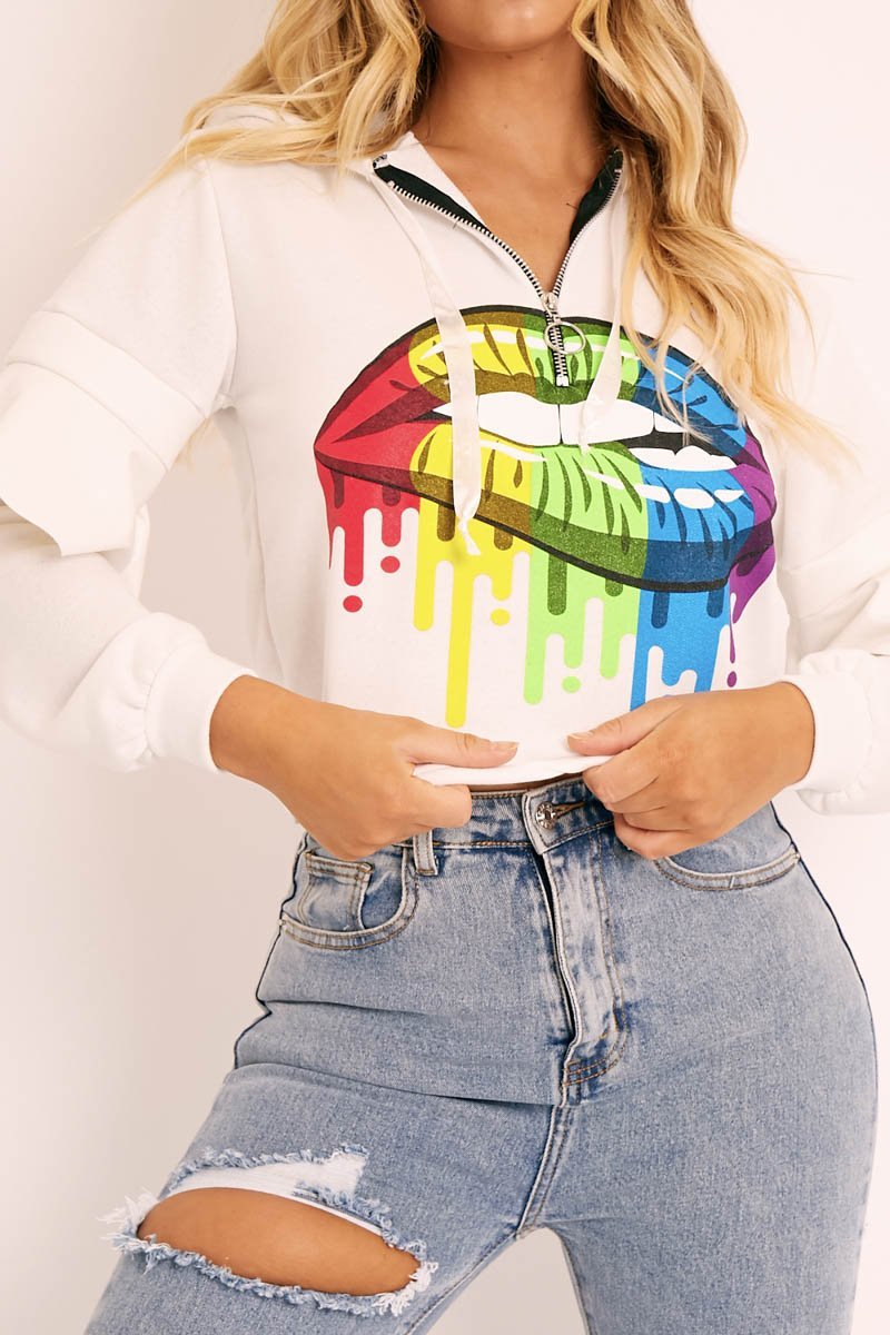 White Graphic Frill Sleeve Hoodie - Ileigh-Hoodies