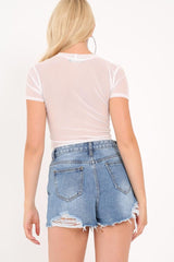 White Graphic Print Mesh Cropped T-Shirt - Lira-Tops
