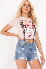 White Graphic Print Mesh Cropped T-Shirt - Lira-Tops