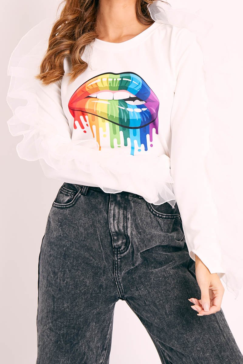 White Graphic Print Organza Ruffle Sleeve Top - Gianni-Tops