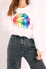 White Graphic Print Organza Ruffle Sleeve Top - Gianni-Tops