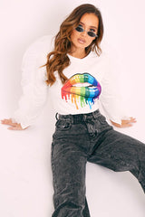 White Graphic Print Organza Ruffle Sleeve Top - Gianni-Tops