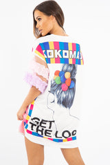 White Graphic Print T-shirt Dress with Tulle Sleeves - Kirsta-Dresses