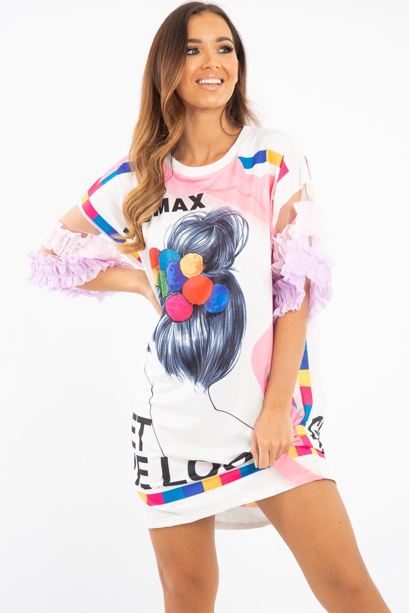 White Graphic Print T-shirt Dress with Tulle Sleeves - Kirsta-Dresses