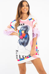 White Graphic Print T-shirt Dress with Tulle Sleeves - Kirsta-Dresses