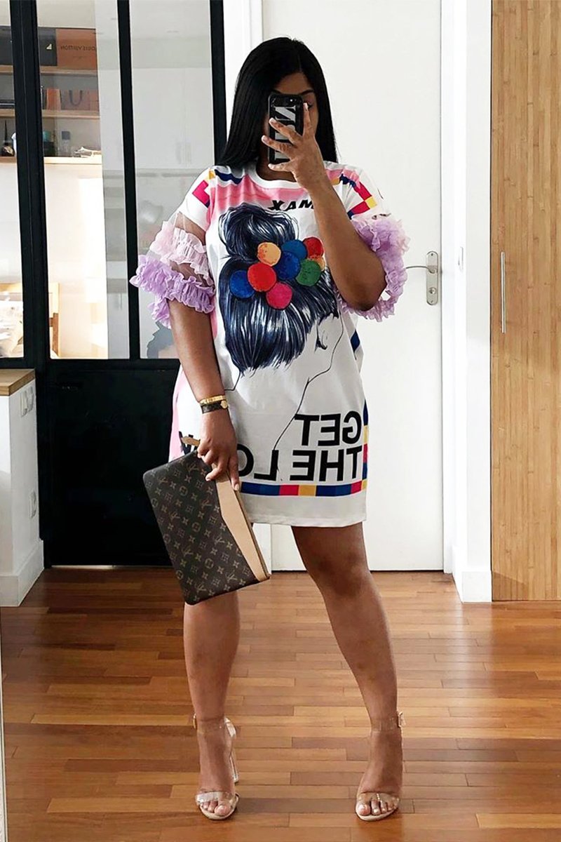 White Graphic Print T-shirt Dress with Tulle Sleeves - Kirsta-Dresses