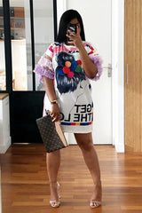 White Graphic Print T-shirt Dress with Tulle Sleeves - Kirsta-Dresses