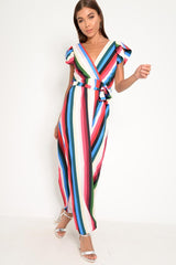 White Green And Blue Plunge Wrap Belted Maxi Dress - Carri-Dresses