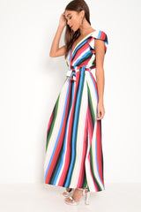White Green And Blue Plunge Wrap Belted Maxi Dress - Carri-Dresses