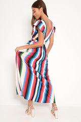 White Green And Blue Plunge Wrap Belted Maxi Dress - Carri-Dresses