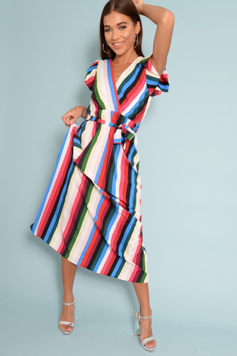 White Green And Blue Plunge Wrap Belted Maxi Dress - Carri-Dresses