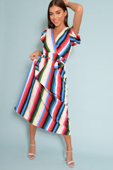 White Green And Blue Plunge Wrap Belted Maxi Dress - Carri-Dresses