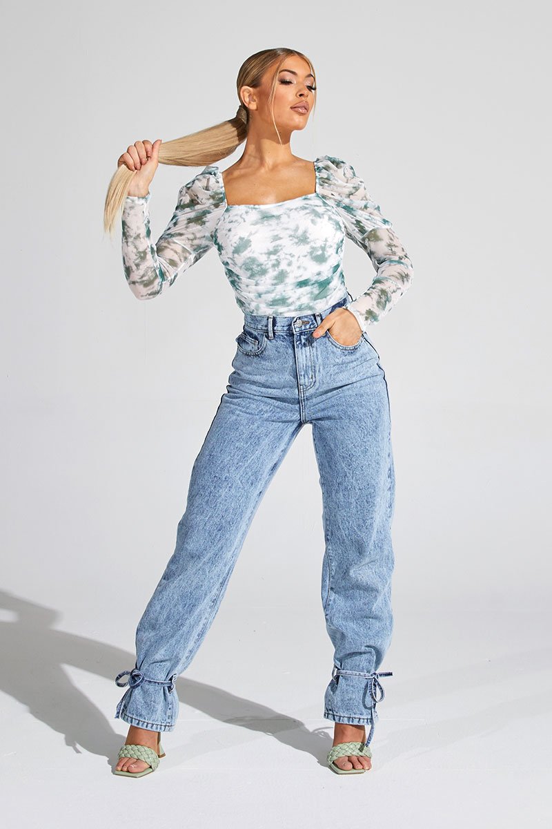 White Green Marble Puff Sleeve Bodysuit - Deana-Bodysuits