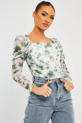 White Green Marble Puff Sleeve Bodysuit - Deana-Bodysuits