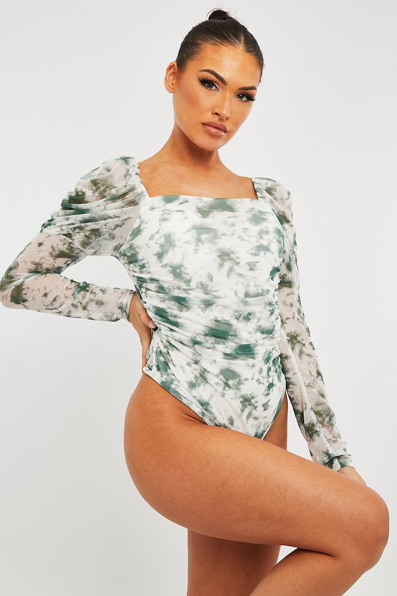 White Green Marble Puff Sleeve Bodysuit - Deana-Bodysuits