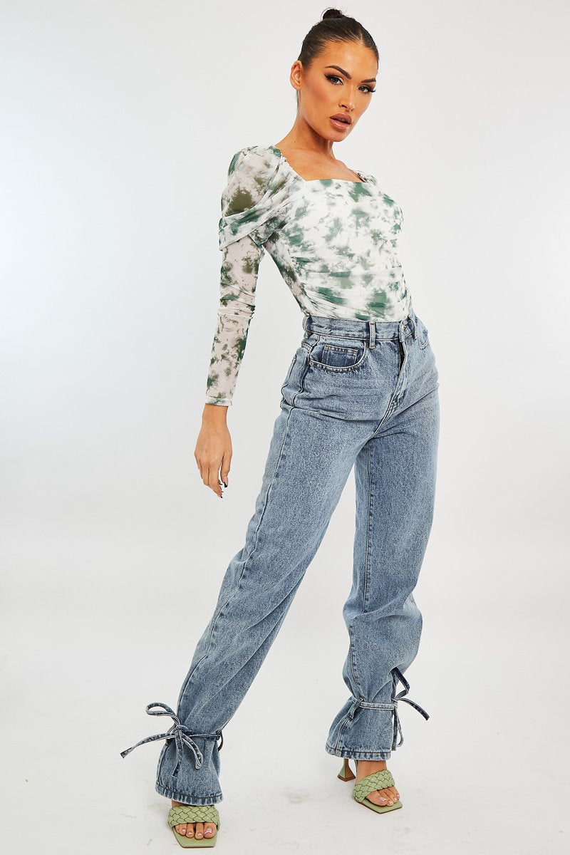 White Green Marble Puff Sleeve Bodysuit - Deana-Bodysuits