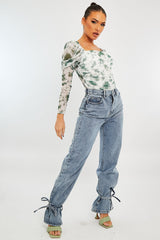 White Green Marble Puff Sleeve Bodysuit - Deana-Bodysuits