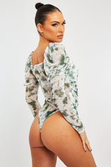 White Green Marble Puff Sleeve Bodysuit - Deana-Bodysuits