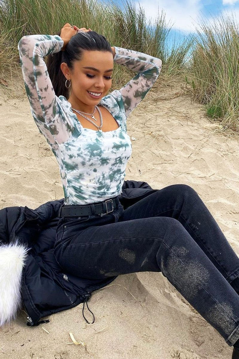 White Green Marble Puff Sleeve Bodysuit - Deana