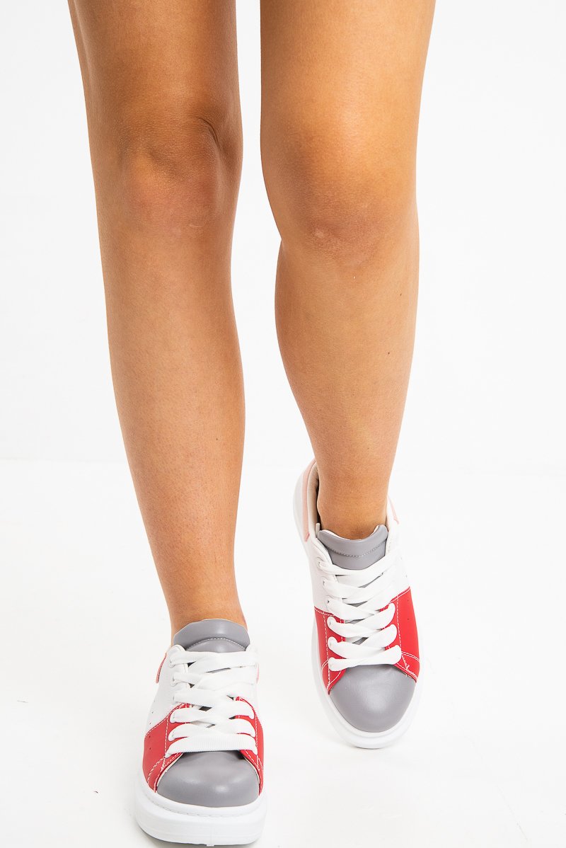 White Grey Colour Block Chunky Sole Lace Up Trainers - Kalley-Trainers