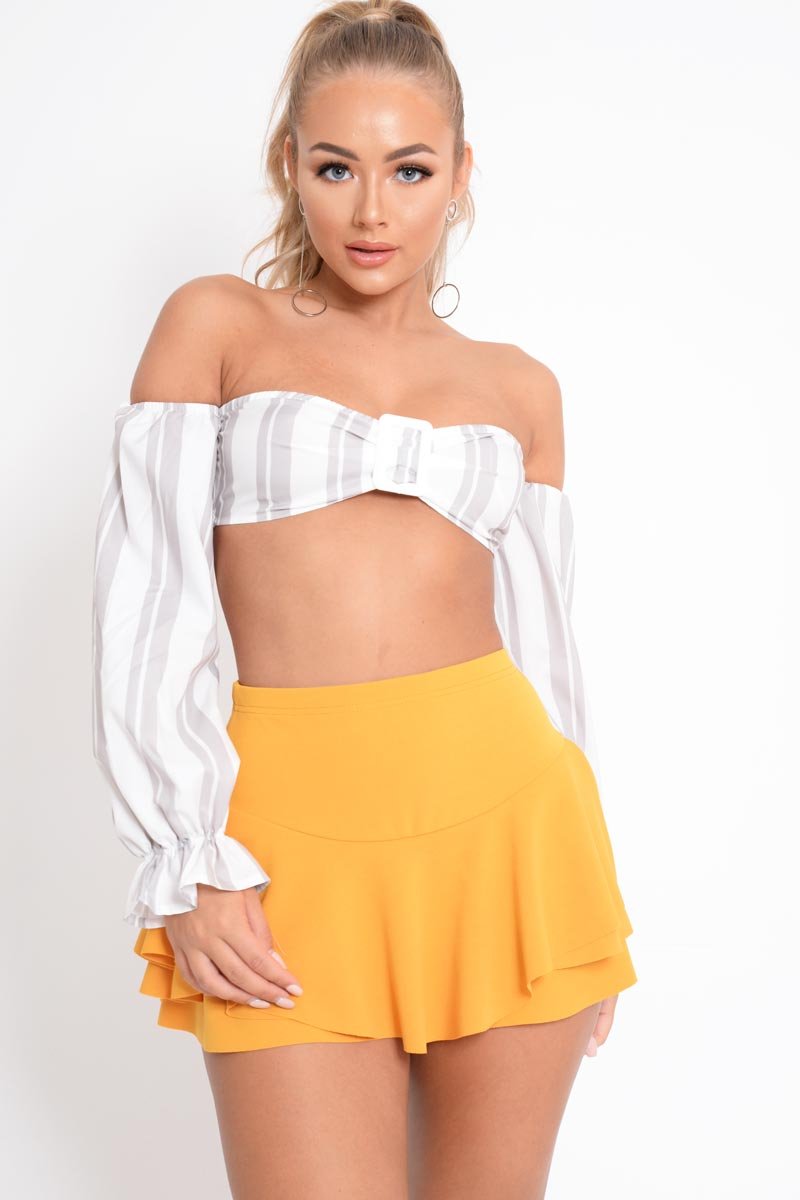 White Grey Stripe Buckle Front Extreme Bardot Crop Top - Theora-Crop Tops