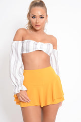 White Grey Stripe Buckle Front Extreme Bardot Crop Top - Theora-Crop Tops
